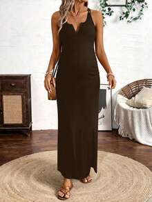 Parara Maternity One-Piece Long Pants Tank Top V-Neck High Elasticity Dress, Comfortable And Fashionable Maternity Dress Summer - Brown - View 3