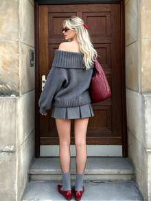 Women's Slouchy Off-Shoulder Sweater, Loose Fit Dropped Shoulder Chunky Knit Long Sleeve Pullover Top, Autumn/Winter - Grey - View 4