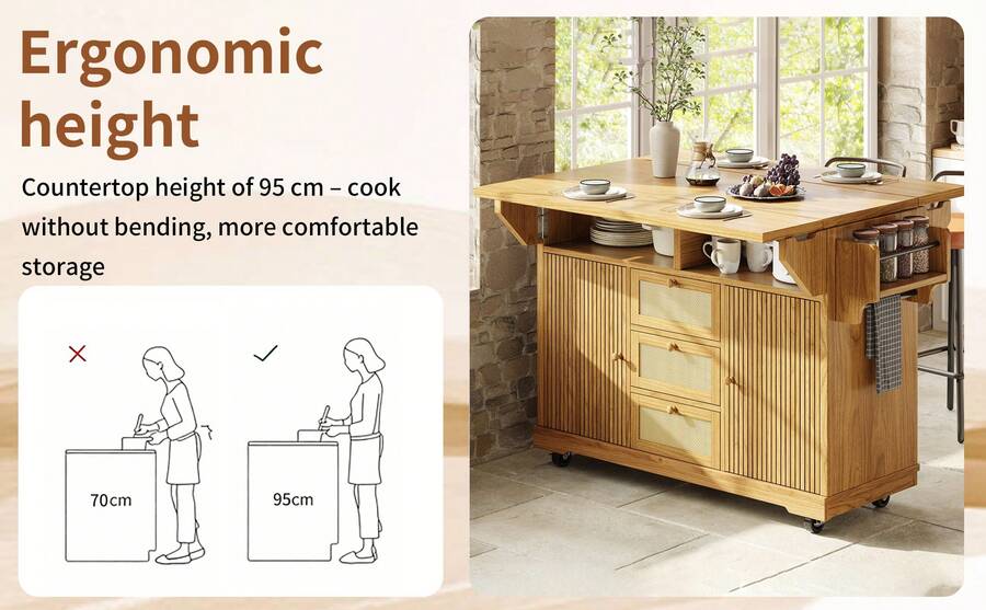 Kitchen Island Natural With Storage Adjustable Foldable Made Of Wood For Kitchen And Dining Area - 自然的 - 查看 1