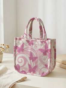 1pc Butterfly Print Corduroy Tote Bag, Snap Closure Cute Handbag, Reusable Student School Daily Outdoor Shopping Lunch Bag - Multicolor - View 12