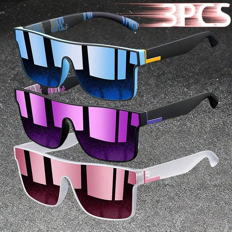 3PCS Fashion Vintage Square Sports Glasses Flat Frame Street For Unisex Eyewear For Choice For Outdoor Vacation And Daily Clothing Matching
