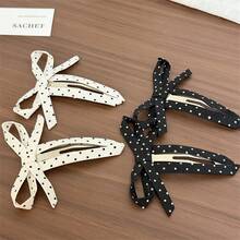 2pcs Sweet Korean Style Polka Dot Bow Fabric Hair Clips, Front Fringe Side Bangs Clips For Girls, Casual Iron Alloy Hair Clips - As Shown - View 1