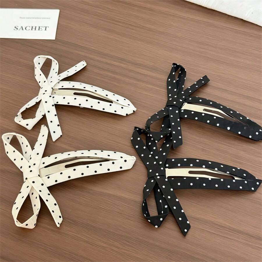 2pcs Sweet Korean Style Polka Dot Bow Fabric Hair Clips, Front Fringe Side Bangs Clips For Girls, Casual Iron Alloy Hair Clips - As Shown - View 1