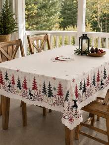 1pc Cream Winter Forest Tablecloth, Minimalist Polyester Rectangular Tablecloth With Reindeer Silhouette, Snowflake, Tree And Moon Pattern, Suitable For Kitchen Decor, Home Decor, Room Decor, Christmas Home Decor And Classroom Decor - Multicolor - View 14