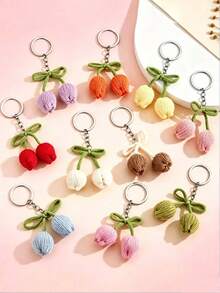 1/8pcs Handmade Crochet Tulip Flower Keychain, Colorful Yarn Flower Key Chain, Creative Gift For Friends, Girlfriend, Holiday Celebration, Phone, Car Decoration, Graduation, Mother's Day - Multicolor B - View 1
