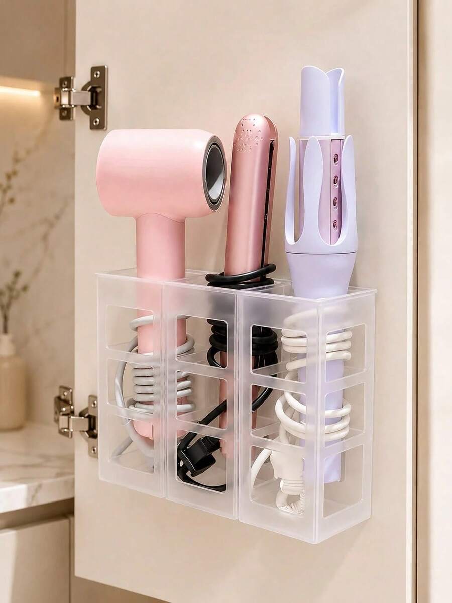 Curling Iron Storage Box, Hair Dryer Holder, Straightener Organizer Rack, Divided Storage, Strong Load-Bearing, No-Drill Design, Moisture-Proof, Wall-Mounted, Plastic Material, Multi-Function Storage Rack