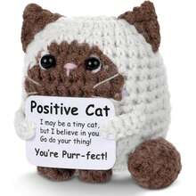 1pc Handmade Crochet Positive Cat Figurine, Mini Knitted Cat Doll With Positive Message Card, Desktop Tabletop Ornament Decor, Small Handcrafted Animal Statue For Office Home Shelf Display, General Gift For Friends Coworkers Family - Multicolor - View 1