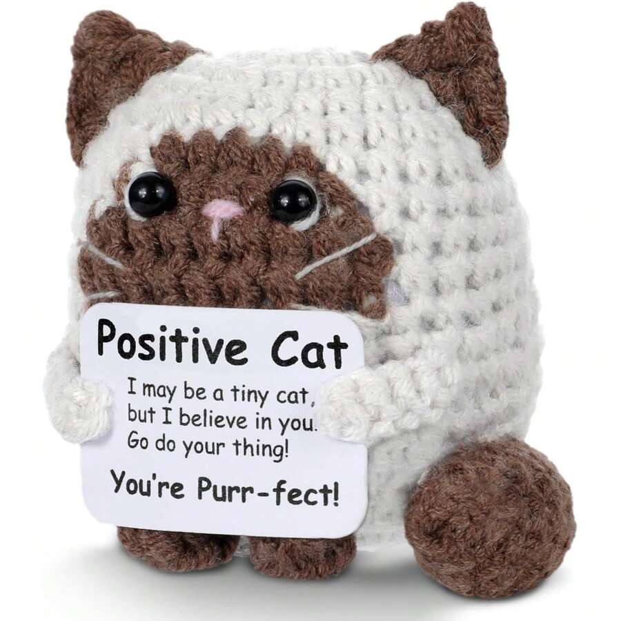 1pc Handmade Crochet Positive Cat Figurine, Mini Knitted Cat Doll With Positive Message Card, Desktop Tabletop Ornament Decor, Small Handcrafted Animal Statue For Office Home Shelf Display, General Gift For Friends Coworkers Family - Multicolor - View 1