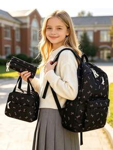 3-Piece Set - Girls' School Style Bow Pattern Backpack Combination, Large Capacity Nylon School Daily Bag, Campus Backpack, Matching Lunch Bag And Pencil Case, Multi-Layer Storage Casual Backpack Set, Travel Backpack Set, Suitable For Girls, Students, Children, Ideal For Back To School, Daily Commute, Shopping, Short Trips And Outdoor Leisure Travel - 2327 - View 1