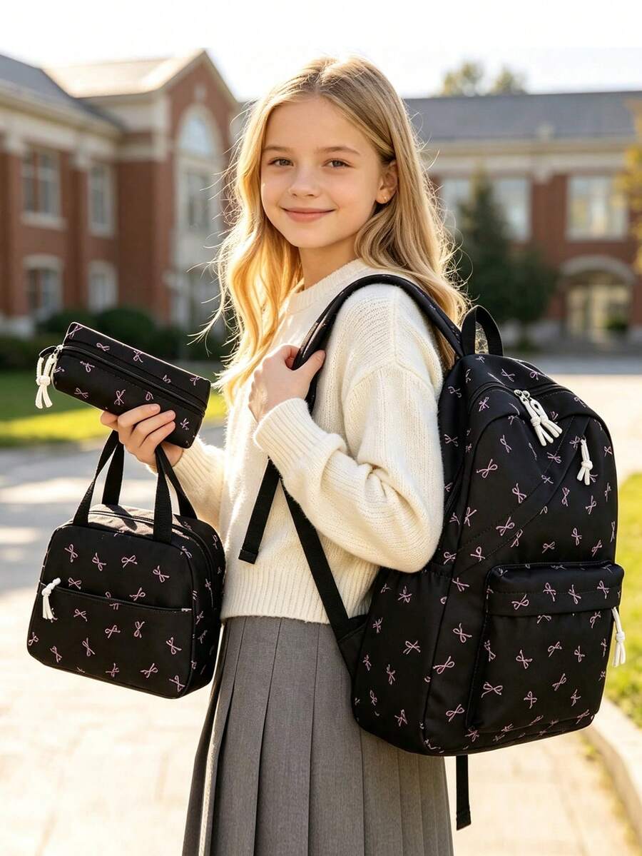 3-Piece Set - Girls' School Style Bow Pattern Backpack Combination, Large Capacity Nylon School Daily Bag, Campus Backpack, Matching Lunch Bag And Pencil Case, Multi-Layer Storage Casual Backpack Set, Travel Backpack Set, Suitable For Girls, Students, Children, Ideal For Back To School, Daily Commute, Shopping, Short Trips And Outdoor Leisure Travel - 2327 - View 1