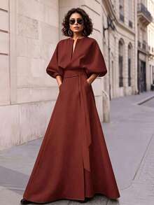 Solid Color Print Belt Decor V-Neck Puff Sleeve A-Line Maxi Dress Summer Elegant - Burgundy - View 2