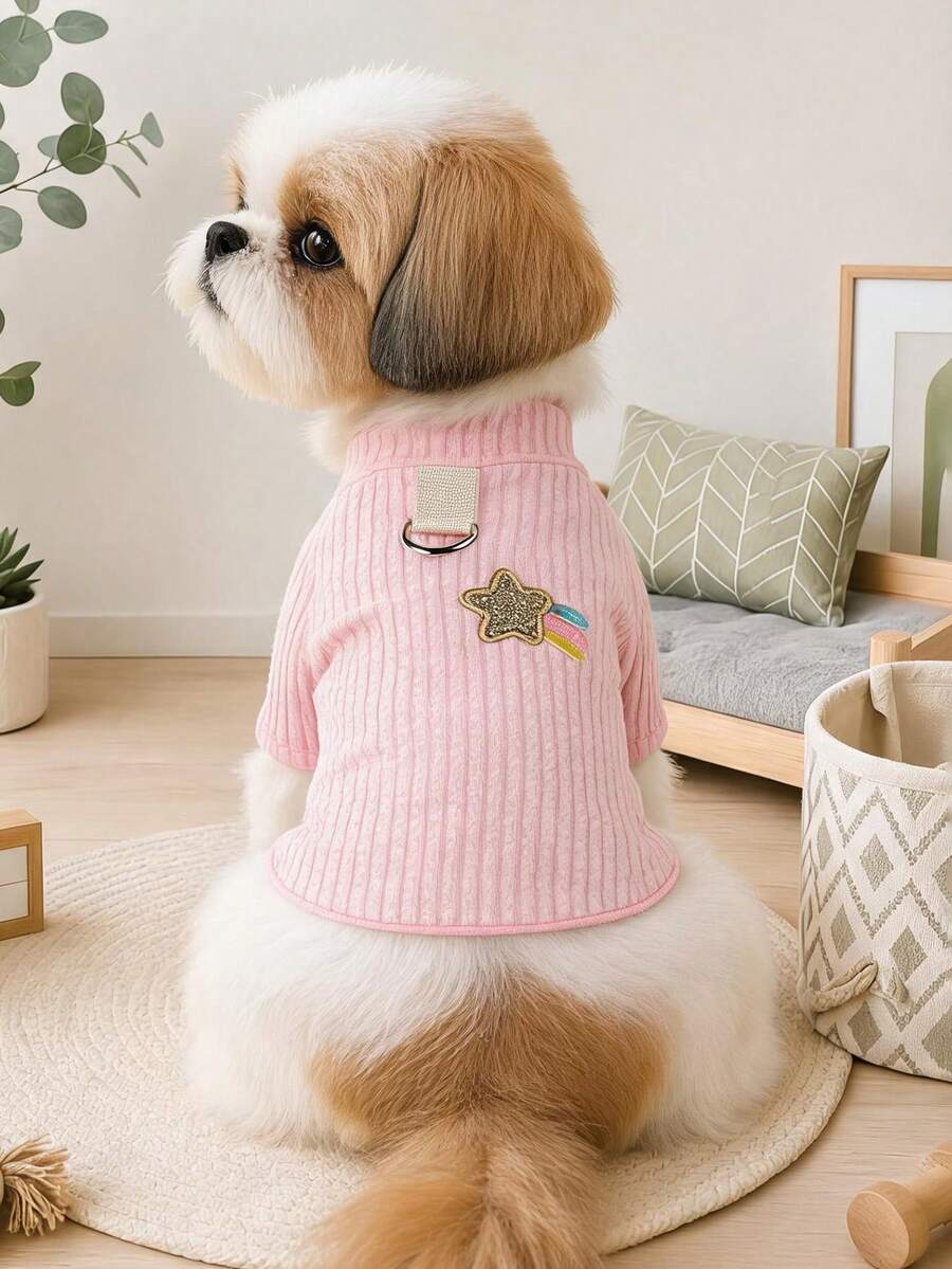 PETCIRCLE 1件寵物衣服 小狗幼犬貓用 可愛寵物秋冬新款 外出穿著 內建牽繩扣 波浪邊 彩虹流星內搭衫 粉色 - 粉色 - 查看 1
