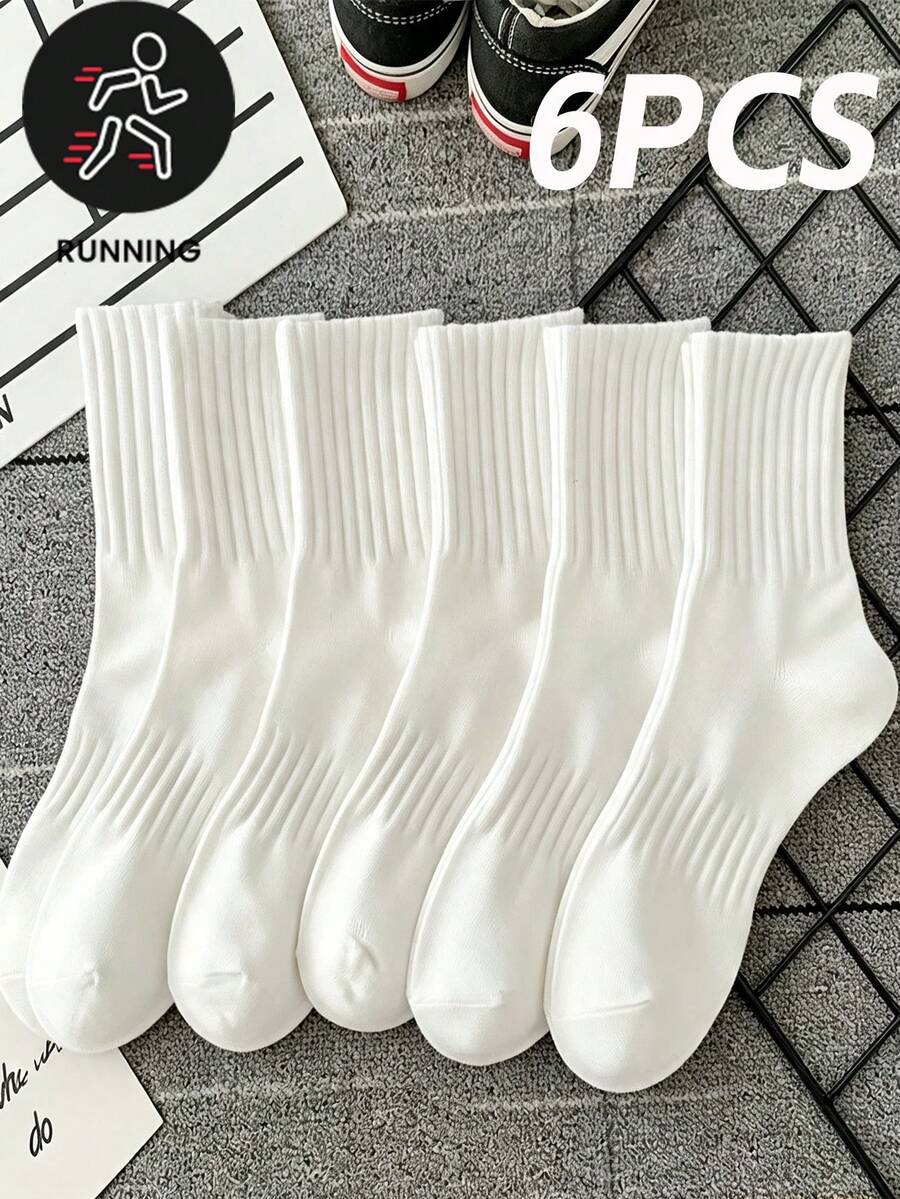 6 Pairs Solid Color Ribbed Mid-Calf Socks, Comfortable And Breathable, Machine Washable And Dry Cleanable, Multiple Colors Available For Women - White - View 1