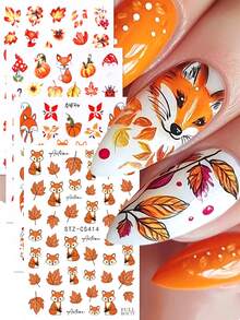 FULL BEAUTY 2/4pcs Autumn Red Maple Leaf & Fox Nail Stickers, Includes Floral, Pumpkin, Red Fox, Autumn Leaves, Colorful Lights Nail Decals, Autumn Nail Art Decoration DIY Thanksgiving Nail Supplies - Multicolor - View 4