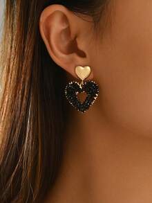 1pc Luxury Fashion Personalized Hollow Handmade Woven Artificial Crystal Heart Pendant Earrings, Suitable For Women's Daily, Vacation, Party, Wedding Season Gift - Black - View 2