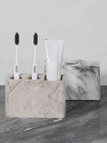 White/Black Marble Pattern Desktop Oral Care Storage Rack, Easy-To-Clean Resin Material, Suitable For Bathroom, Rental Apartment And Hotel Washroom Storage - Multicolor - View 7