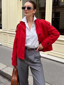 FGGG Women's Epaulettes & Button Decorated Long Sleeve Stand Collar Loose Straight Woven Red Short Trench Coat, Vintage British Style, Suitable For Daily & Party Wear, Spring & Autumn - Red - View 1