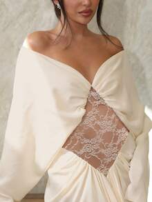 Kliou Elegant Lace Patchwork Dress Women Fashion Simple Ruched Slash Neck Batwing Sleeve Evening Party Club Long Bodycon - White - View 7