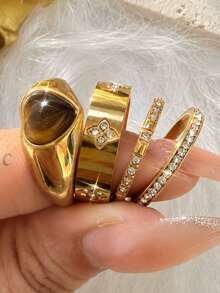 ZCNC Vintage Heart-Shaped Tiger Eye Stone & Four-Leaf Clover Crystal Stackable Ring Set, 18K Gold Stainless Steel Rings, Perfect Elegant Christmas Holiday Gift For Girlfriend, Mom, Wife - Gold - View 13