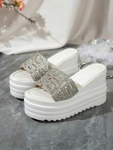 New Rhinestone Thick Sole Wedge Flip Flops, 5.5cm Front Platform, 8.5cm Heel Height Slip-On Sandals, Women's Summer Shiny Comfortable Thick Sole Slippers - White - View 7