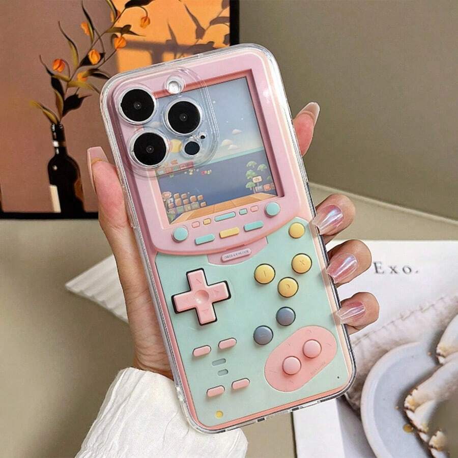 1pc Green & Pink Game Console Pattern Full Coverage TPU Shockproof Phone Case Compatible With Apple 17 16 15 14 13 12 11 Pro Max - Multicolor - View 1