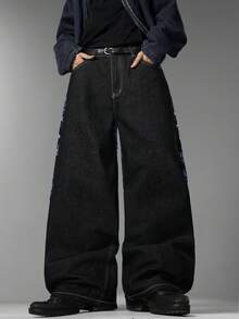 Men's American Street Jeans, Embossed Printed Fake Back Pockets, Niche Design, Versatile All-Season Long Pants (No Belt & Accessories Included) - Black - View 4