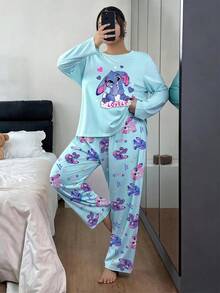 Casual Plus Size Women's "LOVELY" Cartoon Print Pajama Set, 2-Piece Set, Round Neck Long Sleeve Top And Long Pants, Suitable For Autumn/Winter - Blue - View 3