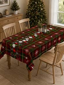 1pc Christmas Plaid Tablecloth, Classic Polyester Rectangular Tablecloth, Printed With Greenery Wreath, Red Berries, Decorative Balls And Snowflake Patterns, Suitable For Kitchen Decor, Wedding, Home Decor, Room Decor, Christmas Home Decor And Classroom Decor - Multicolor - View 14