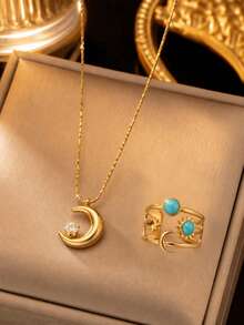 VceTd 3PCS Minimalist Fashion Style Stainless Steel Pendant Necklace With Moon Charm And Colorful Enamel Open Ring Jewelry Set For Women, Suitable For Evening Wear - Yellow Gold - View 1