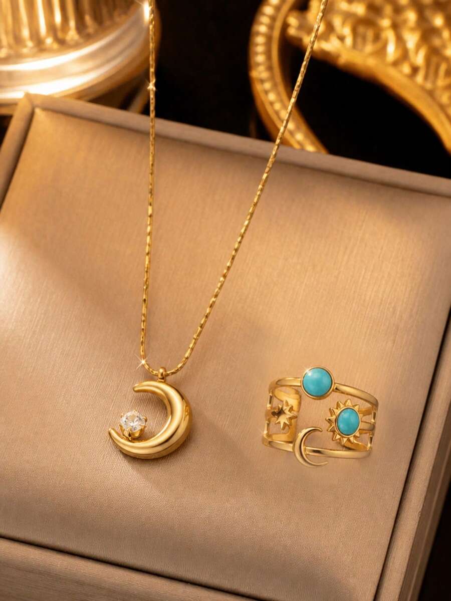 VceTd 3PCS Minimalist Fashion Style Stainless Steel Pendant Necklace With Moon Charm And Colorful Enamel Open Ring Jewelry Set For Women, Suitable For Evening Wear - Yellow Gold - View 1