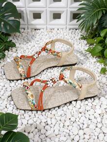 Damen Sommer Mode Boho Flache Sandalen, gewebtes Hohldesign mit Blumen- und Metallelement, geeignet für Strand, Urlaub, Dates und verschiedene Anlässe, Orange - Orange - Übersicht 6
