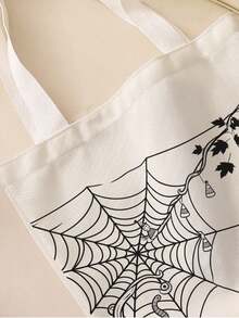 1pc Halloween Spider Web Print Canvas Tote Bag, Large Capacity Hand‑Held Shoulder Bag, Reusable Shopping Bag For Halloween Party Daily Commute - Beige - View 6