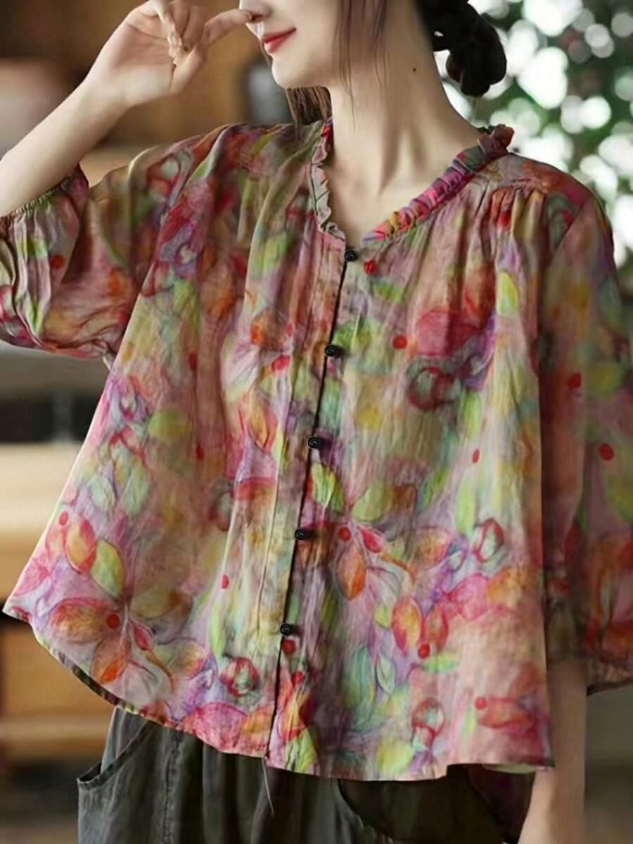Women's Autumn Back To School Full Print Front Button Ruffle Loose Casual Blouse Top Summer - Multicolor - View 1