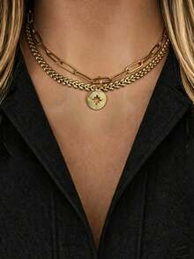 Kalung Liontin Kompas Pentagram Emas 3 Buah/2 Buah dengan Huruf, Rantai Huruf Awal yang Elegan dan Indah, Set Rantai Huruf Mewah, Perhiasan Hadiah untuk Wanita - Emas - View 9