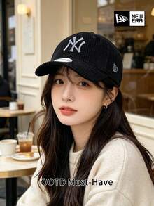 New Era Black NY Baseball Cap, Textured Embroidered Logo Curved Brim Hat, Adjustable Casual Streetwear Style, Unisex - Black - View 3