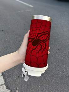 1pc/5pcs 500ml Halloween Red Spider Web Stainless Steel Insulated Coffee Mug, Spider And Spider Web Halloween Pattern Print Design, Autumn/Winter Couple Water Cup With Lanyard Portable Coffee Mug, Suitable For Daily Commute - Red-spider - View 8