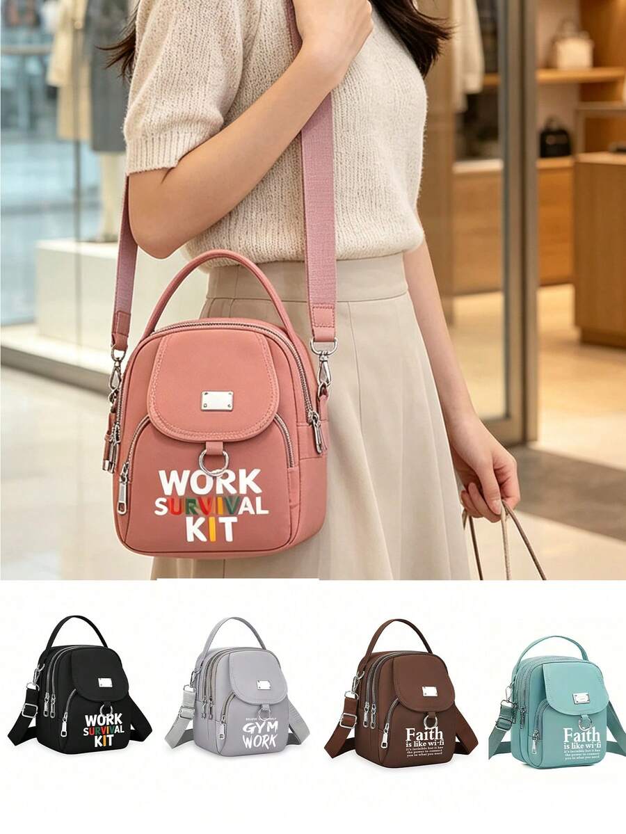 「WORK」印花女款小號斜挎包，時尚休閒單肩手機包，拉鍊開合，輕量設計，適合上班通勤、上學、旅行、購物，女性日常出行的多功能配件，亦適合作為送給女友、家人、朋友的生日、教師節、開學季、畢業季/節日禮物