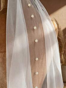 1pc Fingertip Length Single Layer Bridal Veil With Faux Pearl Decorated Hair Comb, For Wedding, Photography, Pre-Wedding Party Headpiece - White - View 4
