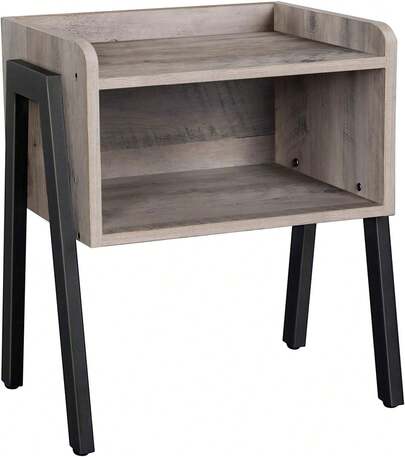 Mesa auxiliar, mesita de noche con compartimento de almacenaje, mueble industrial para dormitorio, ULET054M01, gris y negro