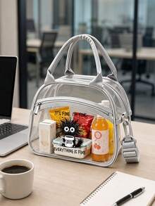 Insulated Lunch Bag With "Everything Is Fine" Print, Coffee Cup Design Portable Transparent Lunch Bag, PVC Material, Fashionable Portable Lunch Box Bag, Large Capacity Lunch Bag, Lunch Bag For Office Workers And Students, Multi-Functional Travel Storage Bag, Suitable For All Seasons, Reusable Transparent Snack Storage Tote Bag, Suitable For Outdoor Picnic Camping Travel, Includes Matching Utensil Storage Bag - Multicolor - View 5