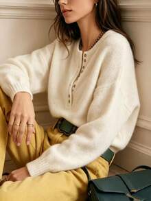 Women's Mohair Knit Sweater Pullover, Slouchy Round Neck Soft Fluffy Loose Design Solid Color Versatile Top Fall - Apricot Color - View 5