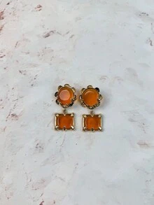 ZAA Antique Gold Two-Tier Gemstone Dangle Earrings, Vintage Medieval Earth Tone Statement Earrings For Fall Party - Geometric Resin Earrings - View 14