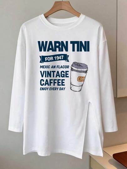 Women's American Vintage Coffee Cup Print Long Sleeve T-Shirt, Loose Fit Side Slit Casual Top For Early Autumn White