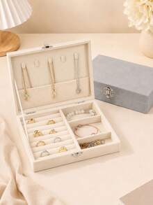 1pc Large Capacity Multi-Compartment Flocked Jewelry Box, Minimalist Solid Color Rectangular Flip Top Jewelry Storage Box, Divided Storage Area, Soft Lining With Metal Lock Design, Dust-Proof And Scratch-Resistant Jewelry Organizer, Suitable For Rings, Earrings, Necklaces, Bracelets, Bangles Classification Storage, Ideal For Bedroom Vanity, Closet, Dormitory And Birthday, Valentine's Day, Mother's Day, Christmas Gifts - Multicolor - View 5