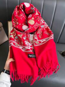 1件女款秋冬仿羊絨花卉刺繡圍巾，波希米亞風加厚保暖流蘇刺繡旅行披肩斗篷 - 紅色 - 查看 6