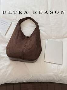 1pc Solid Color Large Capacity Suede Shoulder Bag, Tote Bag, Handbag, Autumn/Winter New Style, Casual Vintage, Smooth Fabric Feel, Magnetic Closure, Suitable For Commuting, Work, Dating - Coffee - View 3