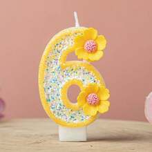 1pc Pink Glitter Number Birthday Cake Candle, Shiny Number Cake Decoration Topper, Party Decoration And Anniversary Celebration, Yellow Glitter Number 1 Candle With Daisy Flower Decoration, Birthday And Anniversary Party Cake Topper - Yellow - View 19