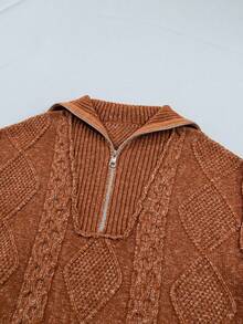 Acelitt Autumn/Winter Casual Loose Half-Zip Collar Cable Knit Argyle Jacquard Long Sleeve Sweater Dress, Suitable For Daily And Holiday Wear - Brown - View 6