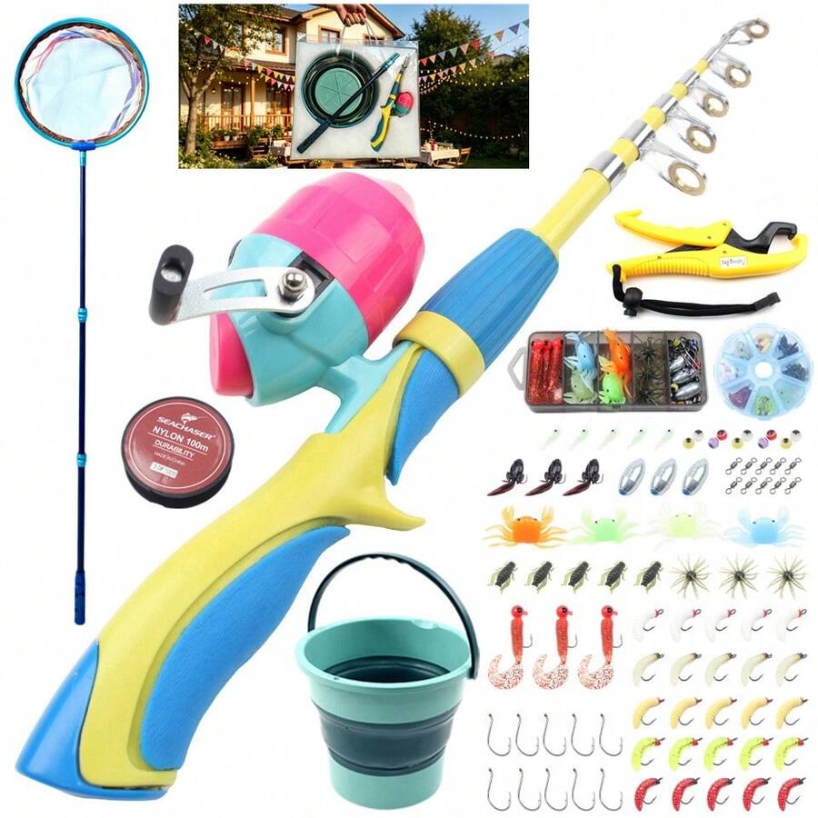 Complete Fishing Kit With Telescopic Fishing Rod And Closed Face Reel, Portable Fishing Gear Set With Fishing Line, Lures, Hooks, Net, Bucket And Accessories, Gift Box Outdoor Fishing Starter Set
