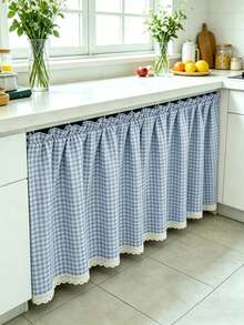 1 buah Tirai Pendek Gingham Elegan, Rok Meja, Dekorasi Trim Renda Unik, Tirai Jendela Gaya Kafe, Cocok Untuk Jendela Lemari, Dapur, dan Kamar Mandi - Blue and White - View 1